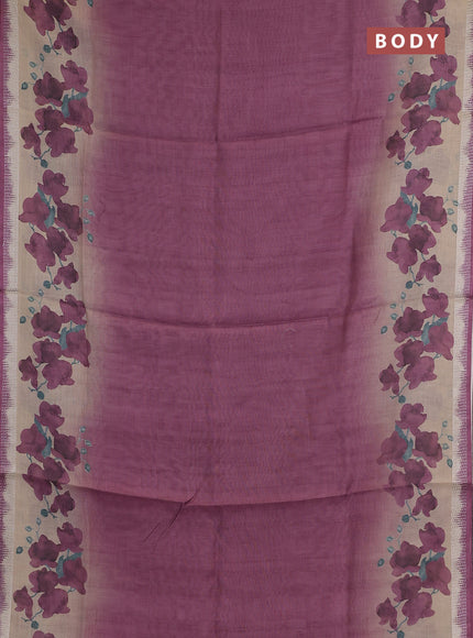 Art linen cotton saree purple and beige with plain body and floral printed silver zari woven border