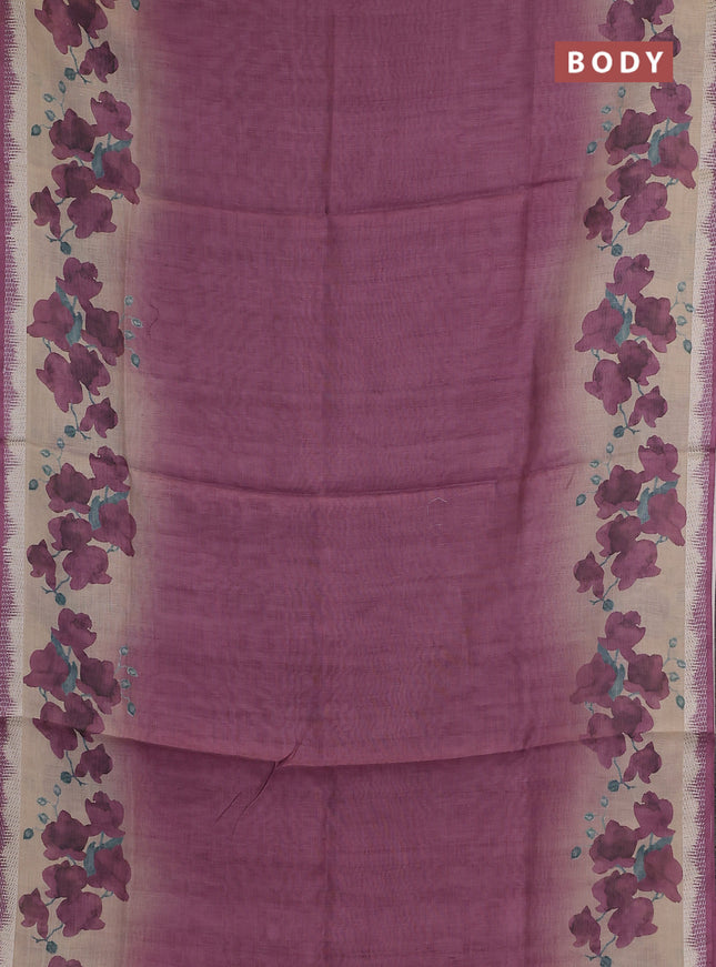 Art linen cotton saree purple and beige with plain body and floral printed silver zari woven border