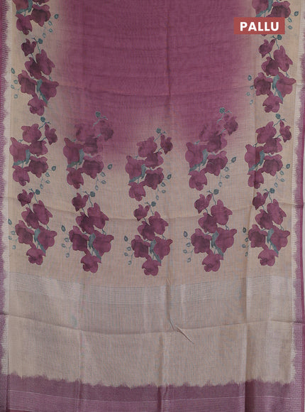 Art linen cotton saree purple and beige with plain body and floral printed silver zari woven border