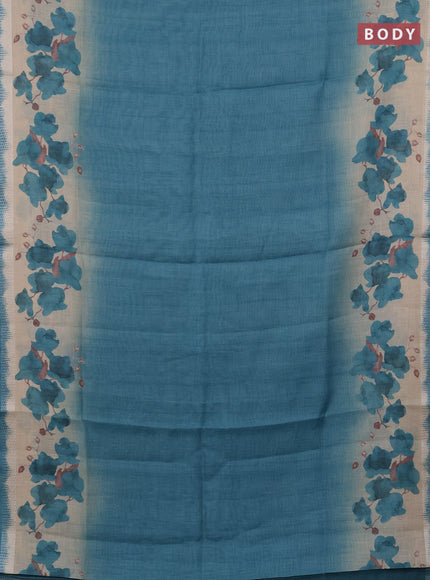 Art linen cotton saree peacock green and beige with plain body and floral printed silver zari woven border