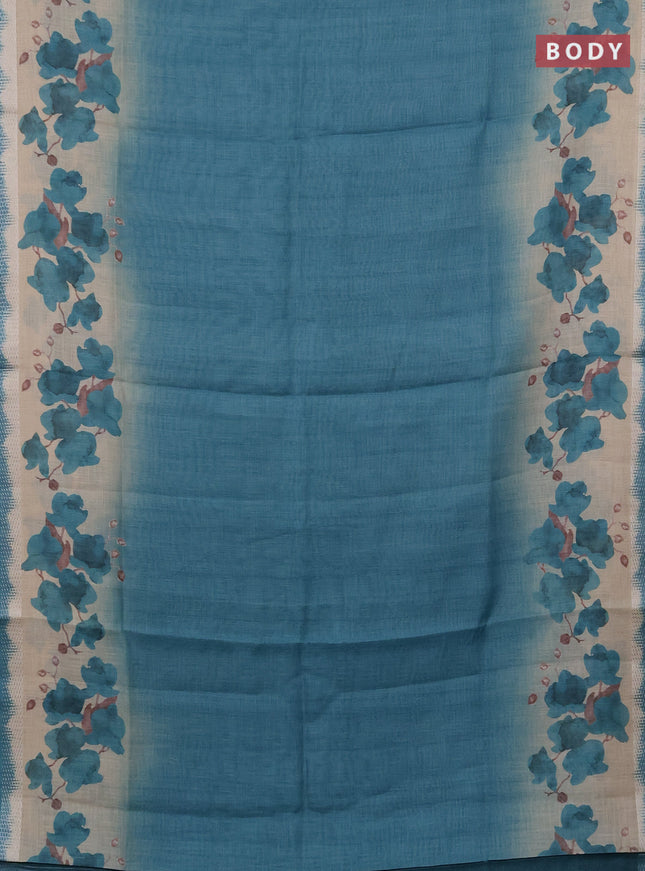 Art linen cotton saree peacock green and beige with plain body and floral printed silver zari woven border