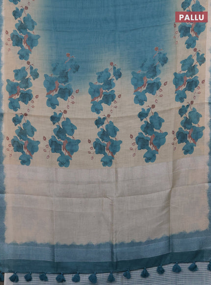 Art linen cotton saree peacock green and beige with plain body and floral printed silver zari woven border