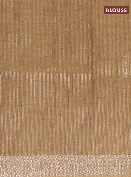 Art linen cotton saree mustard yellow and beige with plain body and floral printed silver zari woven border