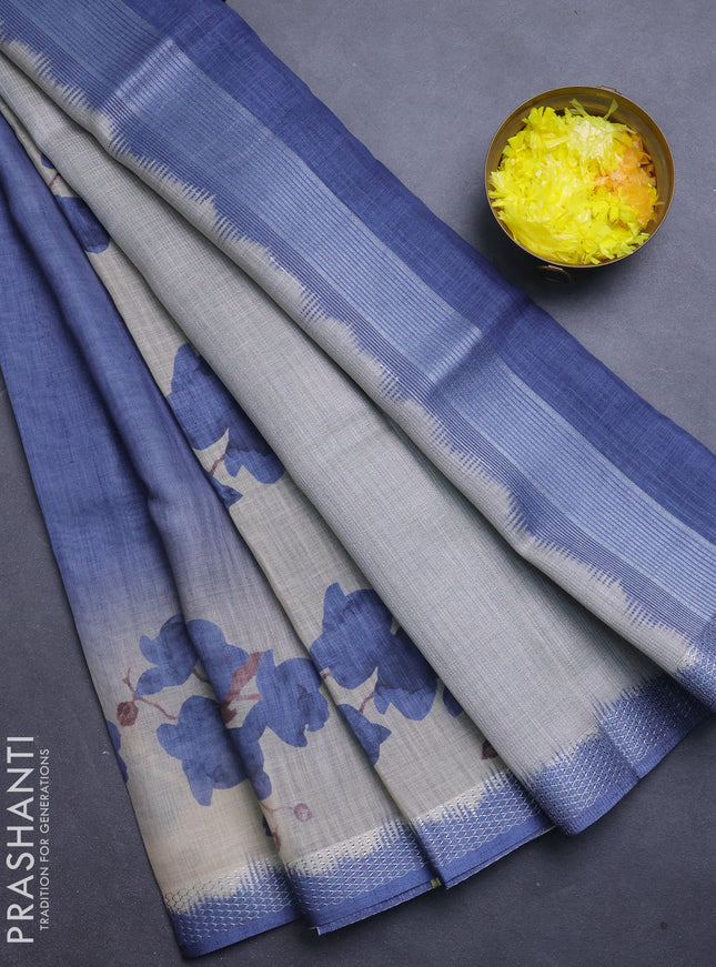 Art linen cotton saree navy blue and beige with plain body and floral printed silver zari woven border