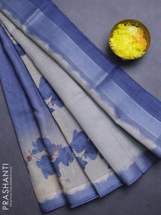 Art linen cotton saree navy blue and beige with plain body and floral printed silver zari woven border