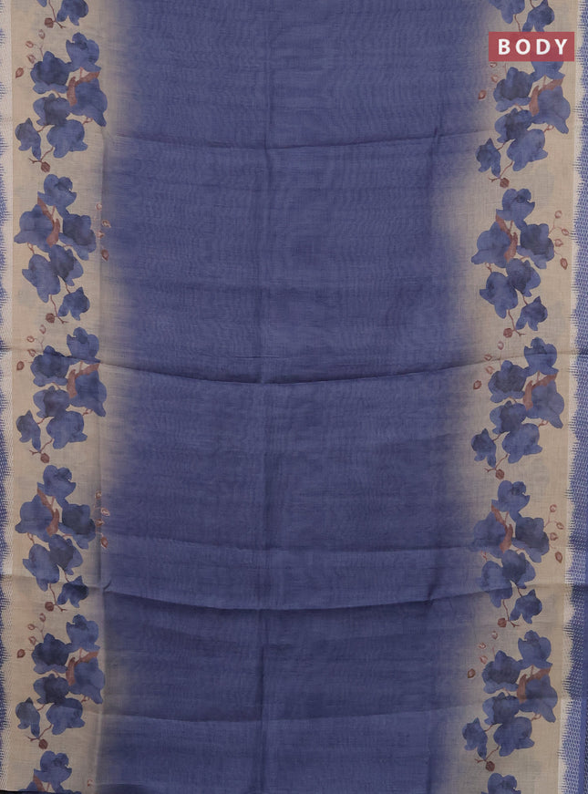 Art linen cotton saree navy blue and beige with plain body and floral printed silver zari woven border