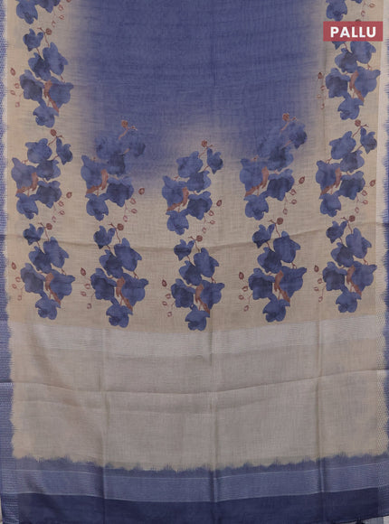 Art linen cotton saree navy blue and beige with plain body and floral printed silver zari woven border