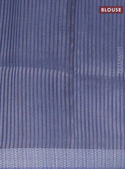 Art linen cotton saree navy blue and beige with plain body and floral printed silver zari woven border