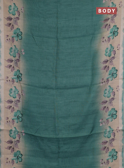 Art linen cotton saree peacock green and beige with plain body and floral printed silver zari woven border