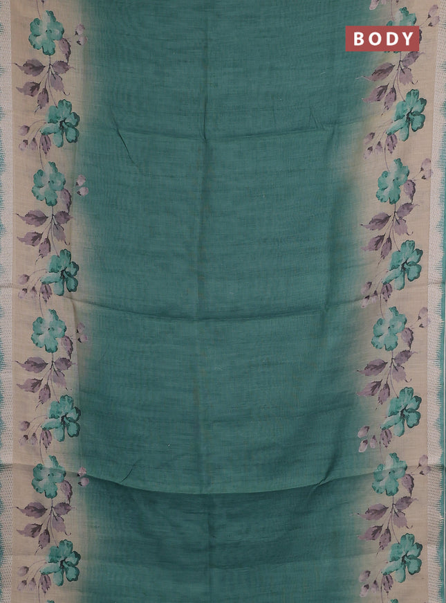 Art linen cotton saree peacock green and beige with plain body and floral printed silver zari woven border