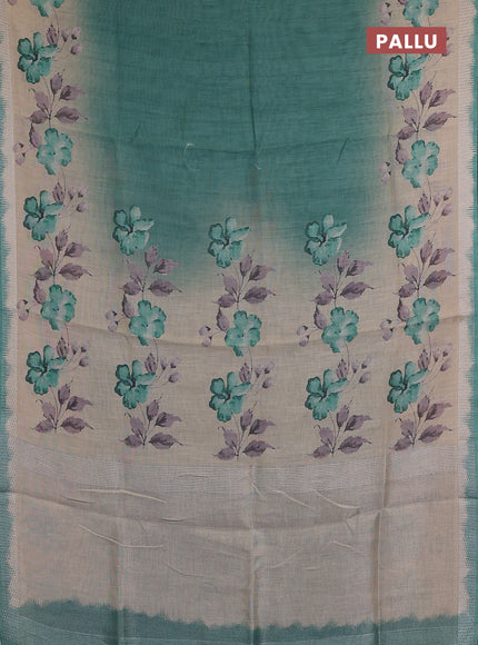 Art linen cotton saree peacock green and beige with plain body and floral printed silver zari woven border