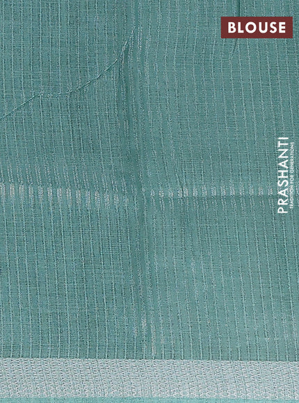 Art linen cotton saree peacock green and beige with plain body and floral printed silver zari woven border