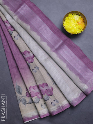 Art linen cotton saree purple and beige with plain body and floral printed silver zari woven border