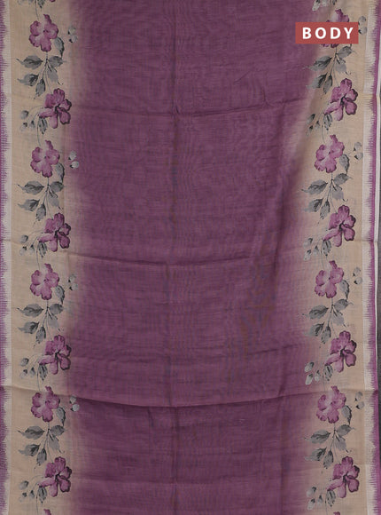Art linen cotton saree purple and beige with plain body and floral printed silver zari woven border