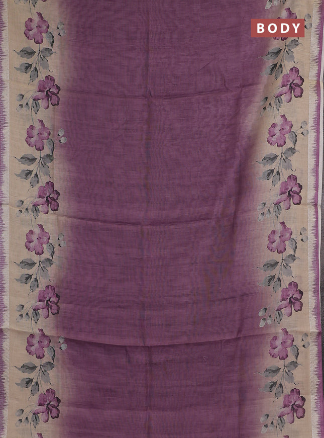 Art linen cotton saree purple and beige with plain body and floral printed silver zari woven border