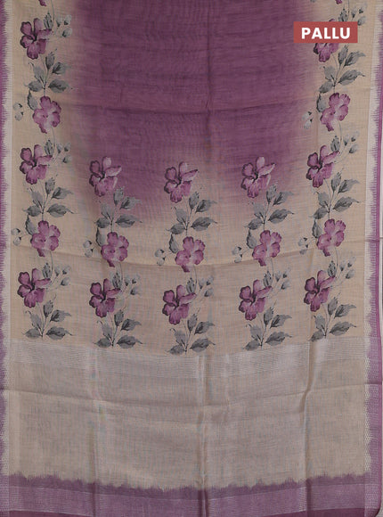 Art linen cotton saree purple and beige with plain body and floral printed silver zari woven border