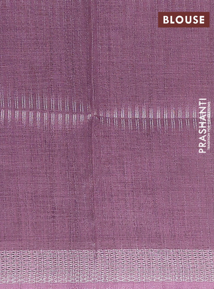 Art linen cotton saree purple and beige with plain body and floral printed silver zari woven border