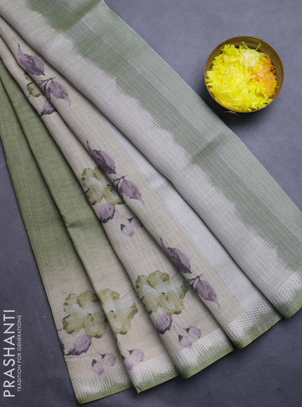 Art linen cotton saree light green and beige with plain body and floral printed silver zari woven border