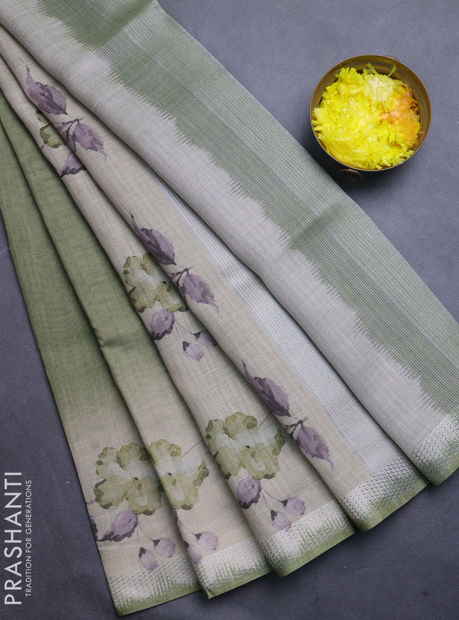 Art linen cotton saree light green and beige with plain body and floral printed silver zari woven border