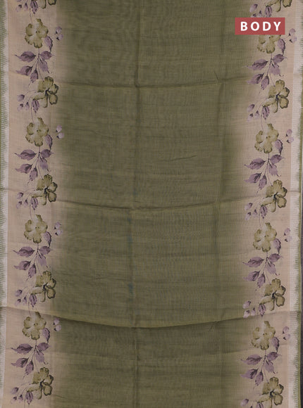 Art linen cotton saree light green and beige with plain body and floral printed silver zari woven border
