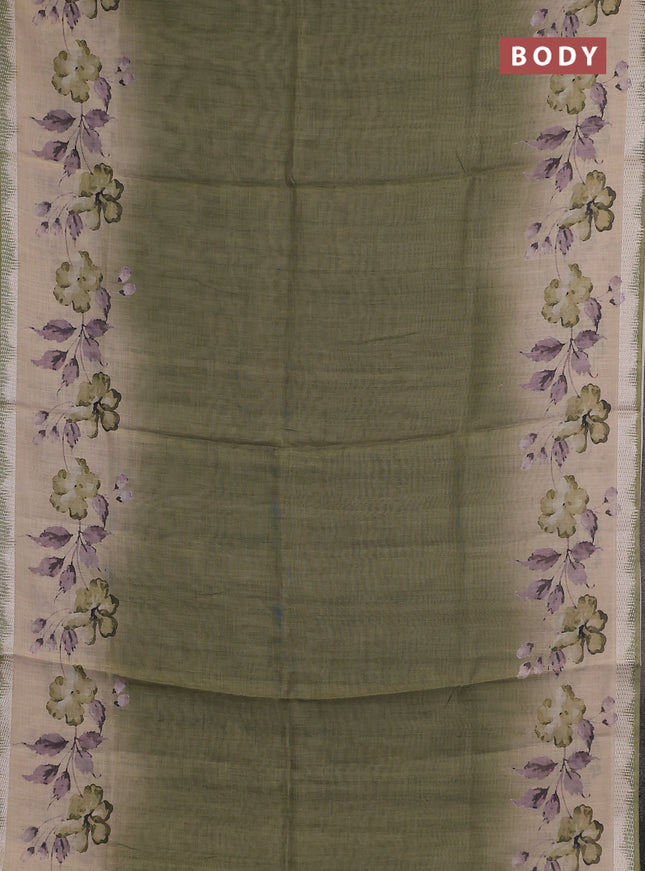 Art linen cotton saree light green and beige with plain body and floral printed silver zari woven border