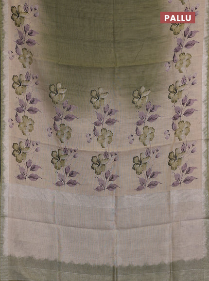Art linen cotton saree light green and beige with plain body and floral printed silver zari woven border
