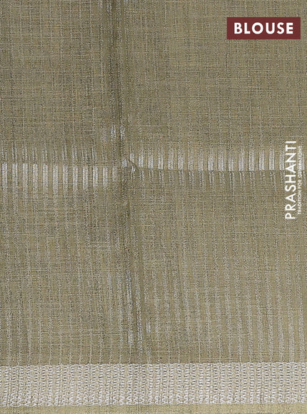 Art linen cotton saree light green and beige with plain body and floral printed silver zari woven border