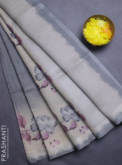 Art linen cotton saree olive green and beige with plain body and floral printed silver zari woven border
