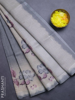 Art linen cotton saree olive green and beige with plain body and floral printed silver zari woven border