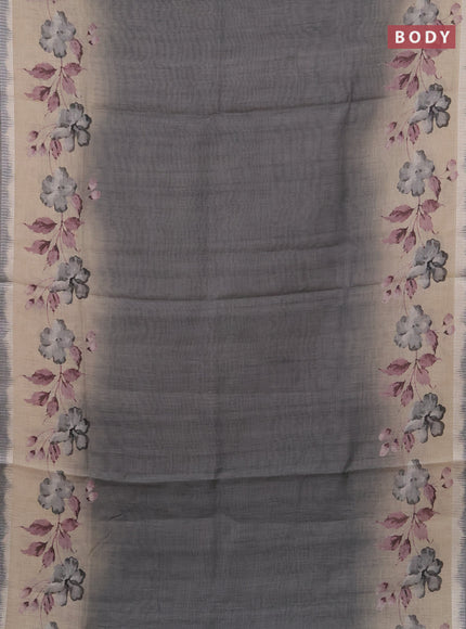 Art linen cotton saree olive green and beige with plain body and floral printed silver zari woven border