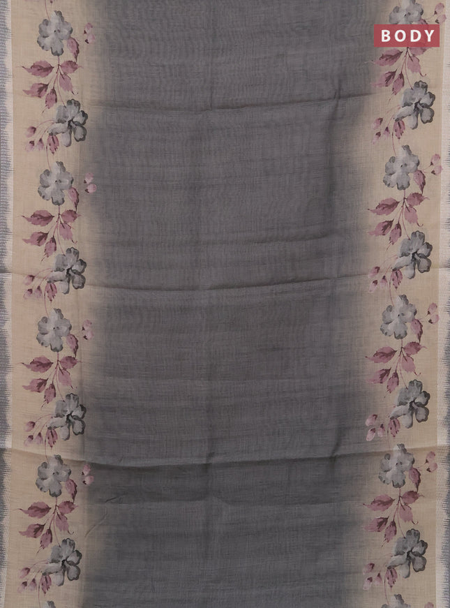 Art linen cotton saree olive green and beige with plain body and floral printed silver zari woven border