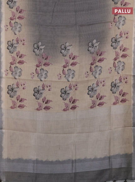 Art linen cotton saree olive green and beige with plain body and floral printed silver zari woven border