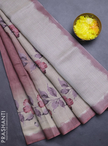 Art linen cotton saree deep maroon and beige with plain body and floral printed silver zari woven border