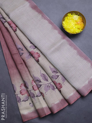 Art linen cotton saree deep maroon and beige with plain body and floral printed silver zari woven border