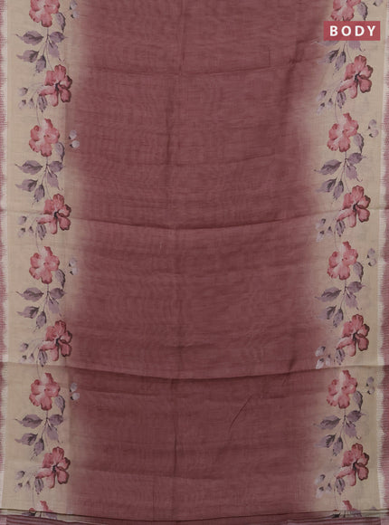 Art linen cotton saree deep maroon and beige with plain body and floral printed silver zari woven border