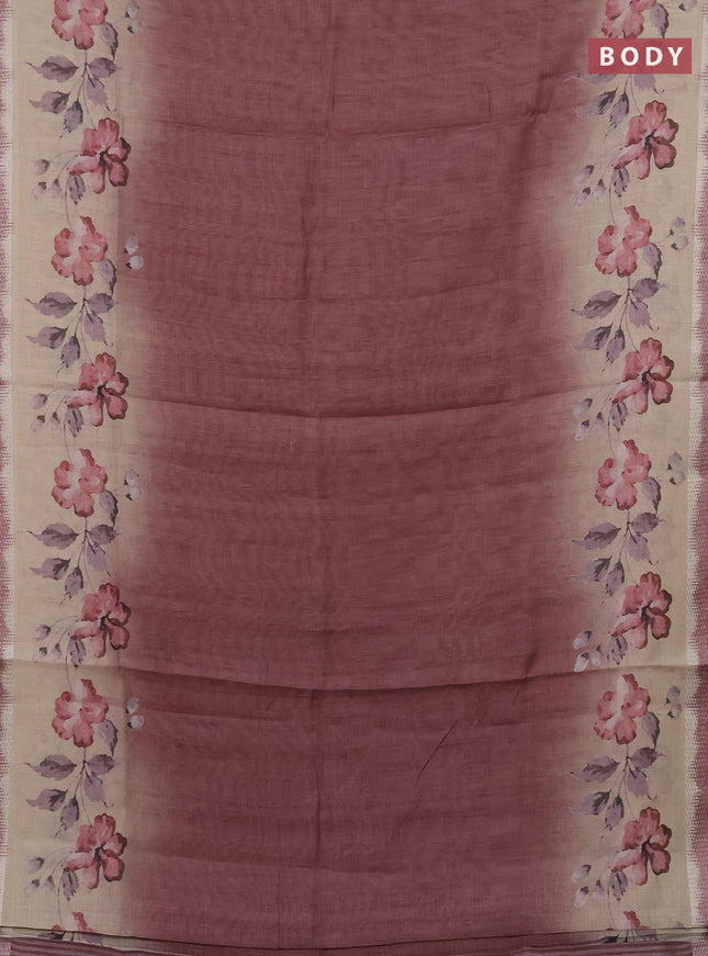 Art linen cotton saree deep maroon and beige with plain body and floral printed silver zari woven border
