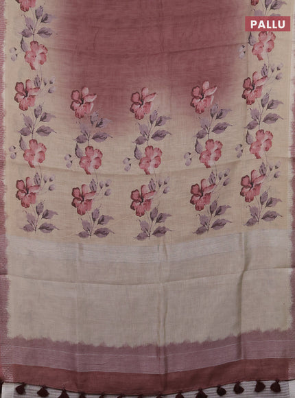 Art linen cotton saree deep maroon and beige with plain body and floral printed silver zari woven border