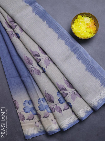 Art linen cotton saree navy blue and beige with plain body and floral printed silver zari woven border