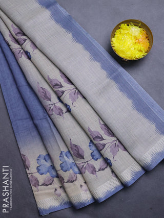 Art linen cotton saree navy blue and beige with plain body and floral printed silver zari woven border