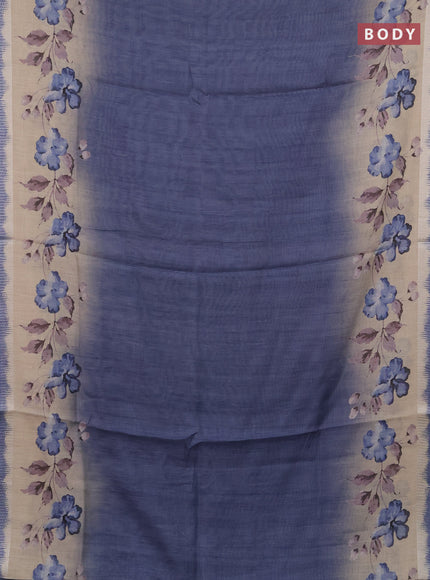 Art linen cotton saree navy blue and beige with plain body and floral printed silver zari woven border