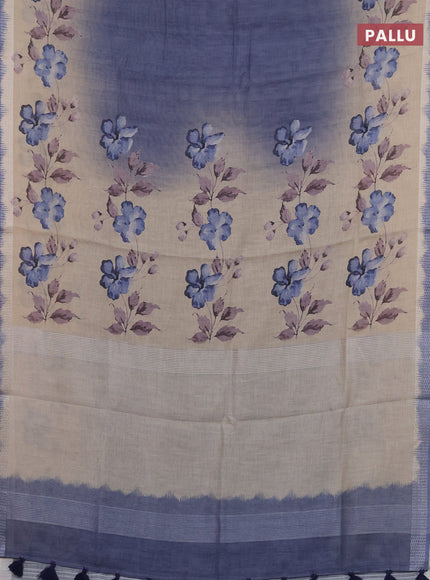 Art linen cotton saree navy blue and beige with plain body and floral printed silver zari woven border