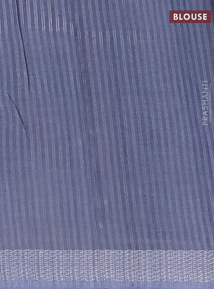 Art linen cotton saree navy blue and beige with plain body and floral printed silver zari woven border