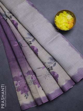 Art linen cotton saree purple and beige with plain body and floral printed silver zari woven border