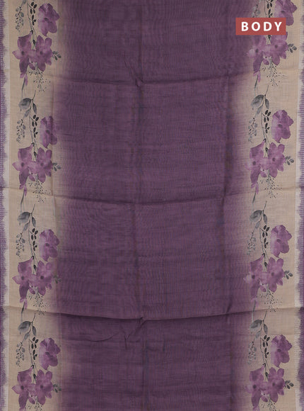 Art linen cotton saree purple and beige with plain body and floral printed silver zari woven border