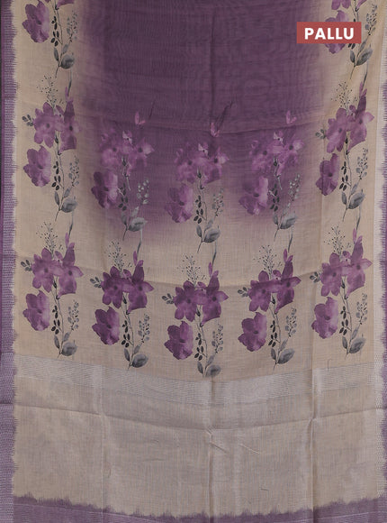 Art linen cotton saree purple and beige with plain body and floral printed silver zari woven border
