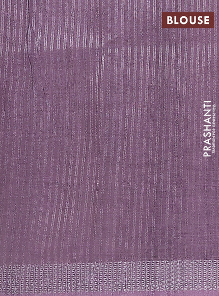 Art linen cotton saree purple and beige with plain body and floral printed silver zari woven border