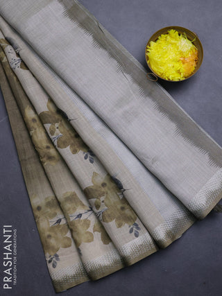Art linen cotton saree mehendi green and beige with plain body and floral printed silver zari woven border