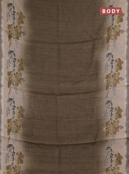 Art linen cotton saree mehendi green and beige with plain body and floral printed silver zari woven border