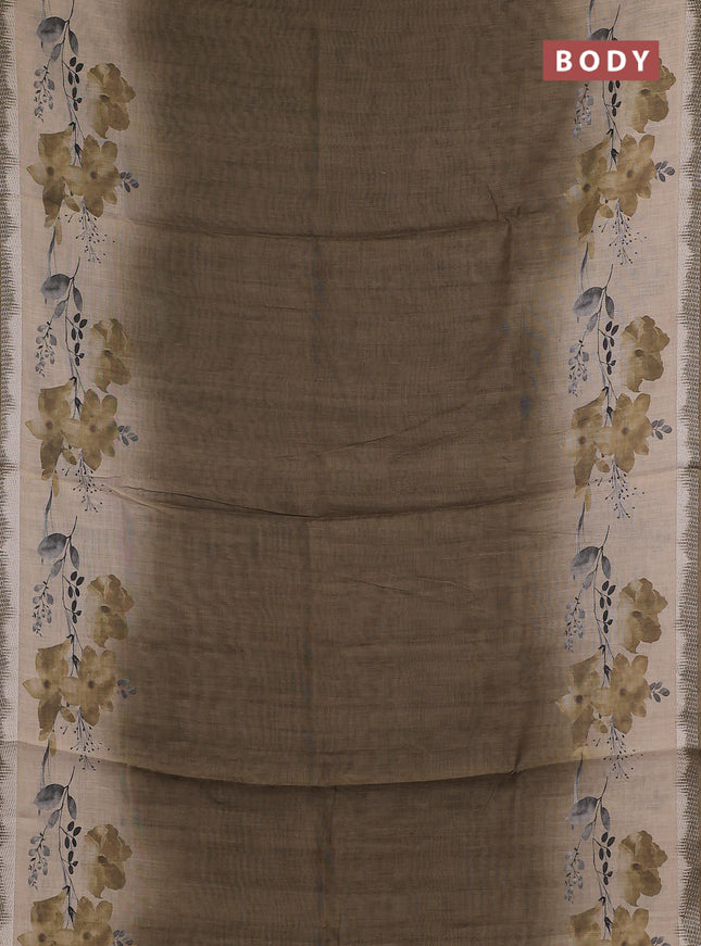 Art linen cotton saree mehendi green and beige with plain body and floral printed silver zari woven border
