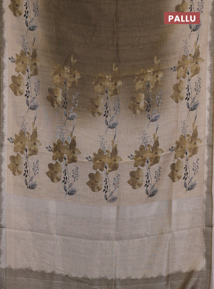 Art linen cotton saree mehendi green and beige with plain body and floral printed silver zari woven border